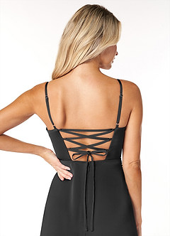 Azazie Marchella Abiti da Damigella Abito A-Line in Raso Elasticizzato Corsetto Nero image3