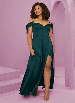 Barbie ♥ Azazie Jurken voor bruidsmeisjes Jurk van Stretch Satijn met A-Lijn Off the Shoulder Pijnboom image10