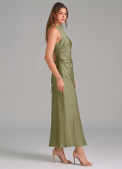 Azazie Evadne Vestidos de damas de honor Vestido de Pistacho de Satén Elástico de Corte Recto con Plisado image4