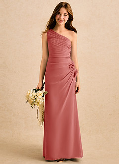 Azazie Sophie Girls Formal Robe Demoiselle D'honneur Fillette Robe Fourreau en Mousseline de soie Une épaule Antique Rose image1