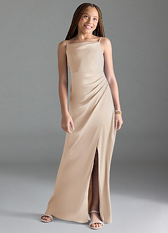 Azazie Leonis Junior White Alabaster A-Line Pleated Stretch Satin Dress image1