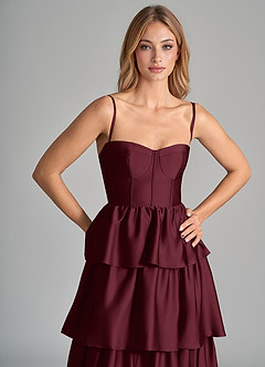 Azazie Faye Bridesmaid Dresses Cabernet A-Line Ruched Stretch Satin Dress image2