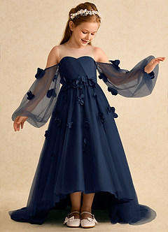 Azazie Karrie Flower Girl Dresses Dark Navy A-Line with Sleeves Tulle Dress image4