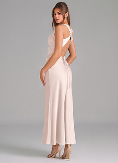 Azazie Evadne Bridesmaid Dresses Blushing Pink Sheath Pleated Stretch Satin Dress image2