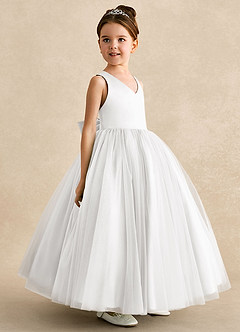 Azazie Peanut Robe Demoiselle D'honneur Fillette Robe Trapèze en Tulle Bretelle Blanc image2