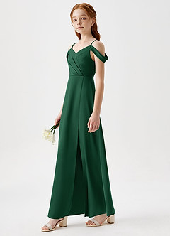 Azazie Ocean Junior Vestido de Verde Oscuro de Satén Elástico de Corte en A con Vestidos sin tirantes image3
