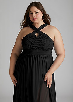 Azazie Hillian Bridesmaid Dresses Black A-Line Halter Pleated Mesh Dress image13