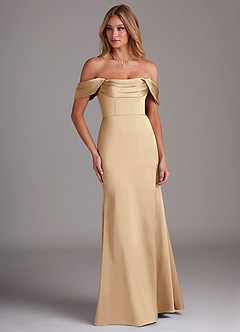 Azazie Saige Bridesmaid Dresses Champagne Sheath Off the Shoulder Stretch Satin Dress image4