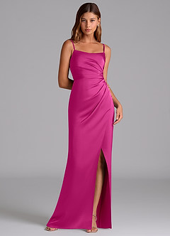 Azazie Calandra Bridesmaid Dresses Fuchsia A-Line Pleated Stretch Satin Dress image1