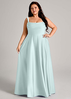 Azazie Shaude Bridesmaid Dresses Sea Glass A-Line Pleated Stretch Satin Dress image12