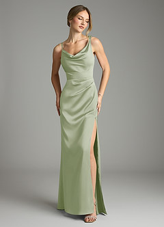 Azazie Samara Robes de demoiselle d'honneur Robe Sirène en Satin extensible Plissée Vert Sauge image1