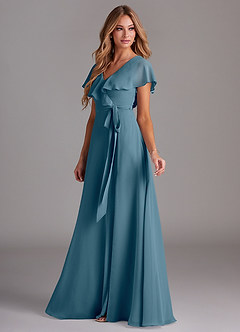 Azazie Lainey At-home Try On Dresses Dusty Blue A-Line with Pockets Chiffon Dress image5