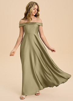 Azazie Sissy Junior Abito A-Line in Raso Elasticizzato a Spalla Scoperta Verde Muschio image5