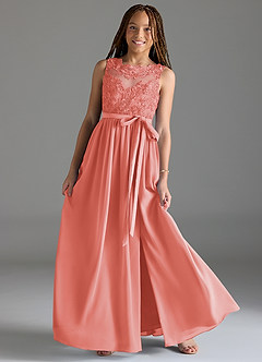 Azazie Elly Junior Coral A-Line Lace Chiffon Dress image1