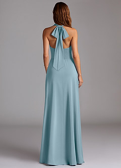 Azazie Myra Robes de demoiselle d'honneur Robe Trapèze en Satin extensible Fente Latérale Bleu Maussade image6