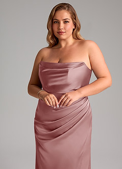Azazie Leonis Vestidos de damas de honor Vestido de Rosa Polvorienta de Satén Elástico de Corte Sirena Convertible con Plisado image11