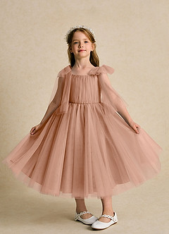 Azazie Dori Flower Girl Dresses Champagne Rose A-Line Ruched Tulle Dress image6
