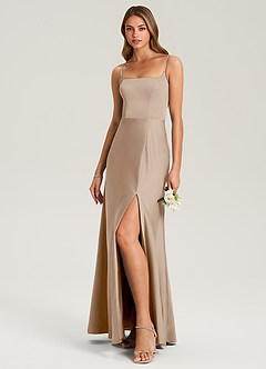 Azazie Lidia Bridesmaid Dresses Taupe Mermaid Side Slit Stretch Satin Dress image3