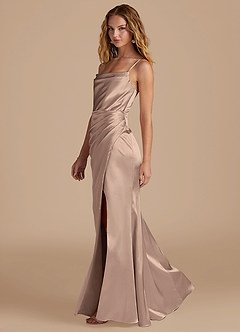 Azazie Marzia Bridesmaid Dresses Taupe Mermaid Pleated Metallic Satin Dress image2