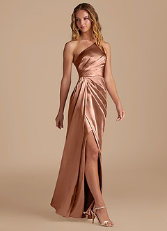 Azazie Mika Brautjungfernkleider Etui One-Shoulder Metallischer Satin Kleid Bronzer image4