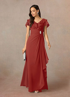 Azazie Snapdragon Mère de la mariée Robes Robe Trapèze en Mousseline de soie Col en V froncé Terracotta image1