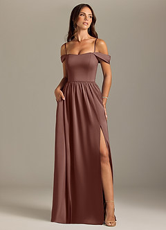 Azazie Calianna Bridesmaid Dresses Espresso A-Line Off the Shoulder Stretch Satin Convertible Dress image5