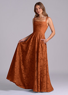 Azazie Shaude Bridesmaid Dresses Burnt Orange A-Line Pleated Floral Burnout Dress image5