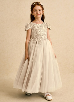 Azazie Puff Flower Girl Dresses Champagne Ball-Gown Lace Tulle Dress image6