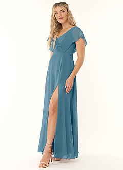 Azazie Rylee At-home Try On Dresses Dusty Sage A-Line Pleated Chiffon Dress image3