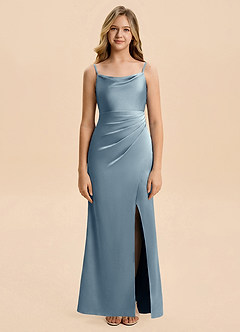 Azazie Christen Junior Dusty Blue A-Line Pleated Stretch Satin Dress image1