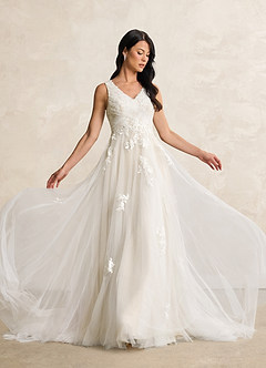 Azazie Alemia Wedding Dresses Diamond White Champagne A-Line Lace Tulle Dress image8