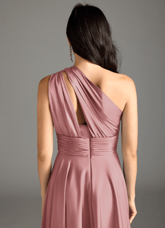 Azazie Charlize Bridesmaid Dresses Dusty Rose A-Line One Shoulder Stretch Satin Dress image8