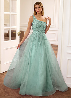 Felicite Light Green Floral A-line Tulle Sequin One Shoulder Glitter Prom Dress image5