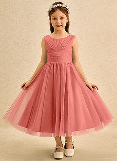 Azazie Macaron Flower Girl Dresses Salmon Pink A-Line Pleated Tulle Dress image3