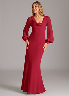 Azazie Jaxine Vestidos de damas de honor Vestido de Escarlata de Gasa de Corte Sirena con Manga larga image4