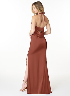 Azazie Myla Bridesmaid Dresses Auburn Sheath Cowl Keyhole Stretch Satin Dress image2