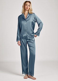 front Conjunto de pijama de manga larga con ribete de encaje satinado