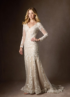 Azazie Dulce Amor Vestidos de novia Vestido de Blanco Diamante Nude de Tul de Corte Sirena con Encaje Cuello V image9
