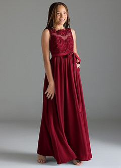 Azazie Elly Junior Burgundy A-Line Lace Chiffon Dress image4