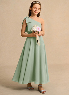 Azazie Guppy Girls Formal Robe Demoiselle D'honneur Fillette Robe Trapèze en Mousseline de soie Une épaule Vert Sauge image1