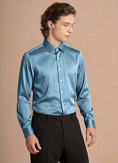 front Julian Staal Blauw Stretch satijnen overhemd