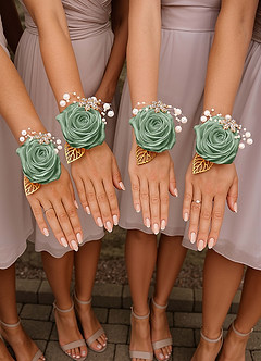 front 6PC Matching Color Bridesmaids Wrist Corsage with Pearl Bracelet