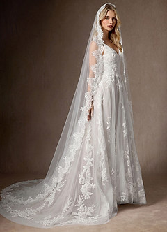 front Floral Lace Edge Two Tier Fingertip Wedding Veil with Blusher