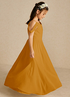 Azazie Chelle Robe Demoiselle D'honneur Fillette Robe Trapèze en Mousseline de soie Plissée Caramel écossais image4