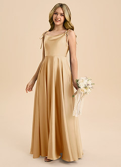 Azazie Popsy Junior Gold A-Line Bow Stretch Satin Dress image7