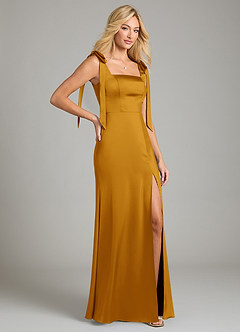 Azazie Frostine Bridesmaid Dresses Butterscotch A-Line Bow Stretch Satin Dress image5