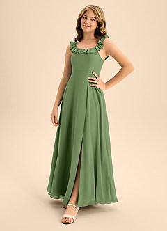 Azazie Callie Junior Abito A-Line in Chiffon Increspato Oliva image3