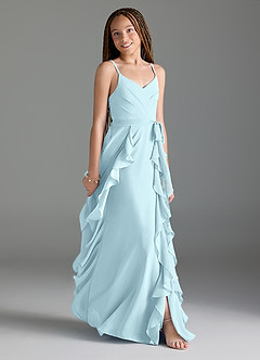 Azazie Peyton Junior Cloud Blue A-Line V-Neck Cascading Ruffles Chiffon Dress image3