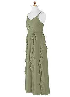 Azazie Peyton Junior Vestido de Pistacho de Gasa de Corte En A con Volantes en cascada Cuello en V image10