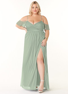 Azazie Fiena Final Sale Dusty Sage A-Line V-neck Ruched Mesh Dress image7